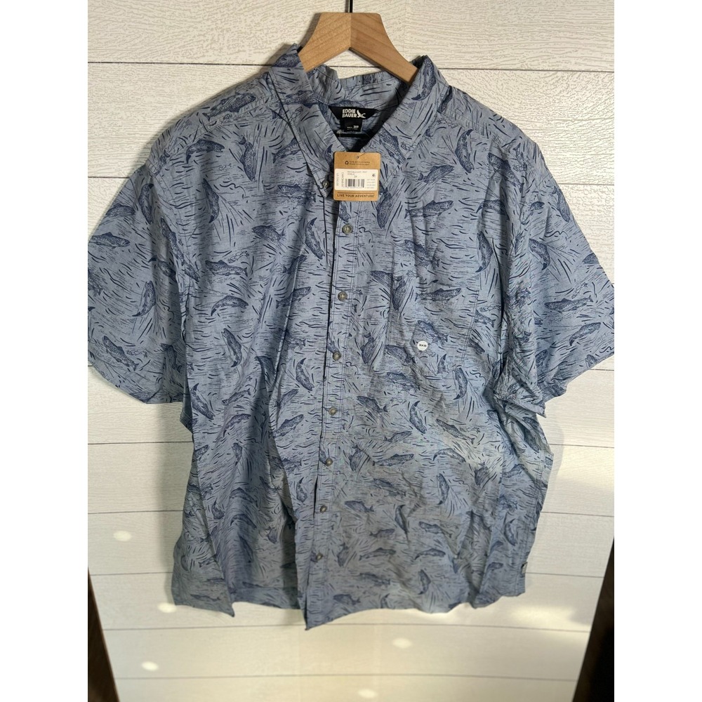 Eddie Bauer NEW Mens 3XB 3X Short Sleeve Baja Shirt Blue Fish Print Cotton